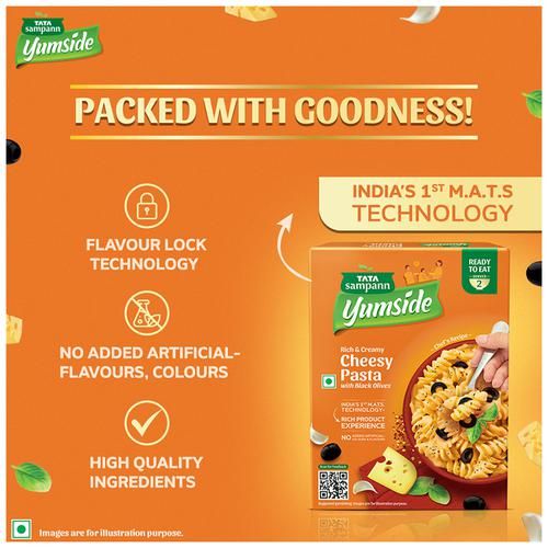 Tata Sampann Yumside cheesy-pasta-with-black-olives-rich-creamy-ready-to-eat-meal-serves-2, 285 g-6.webp